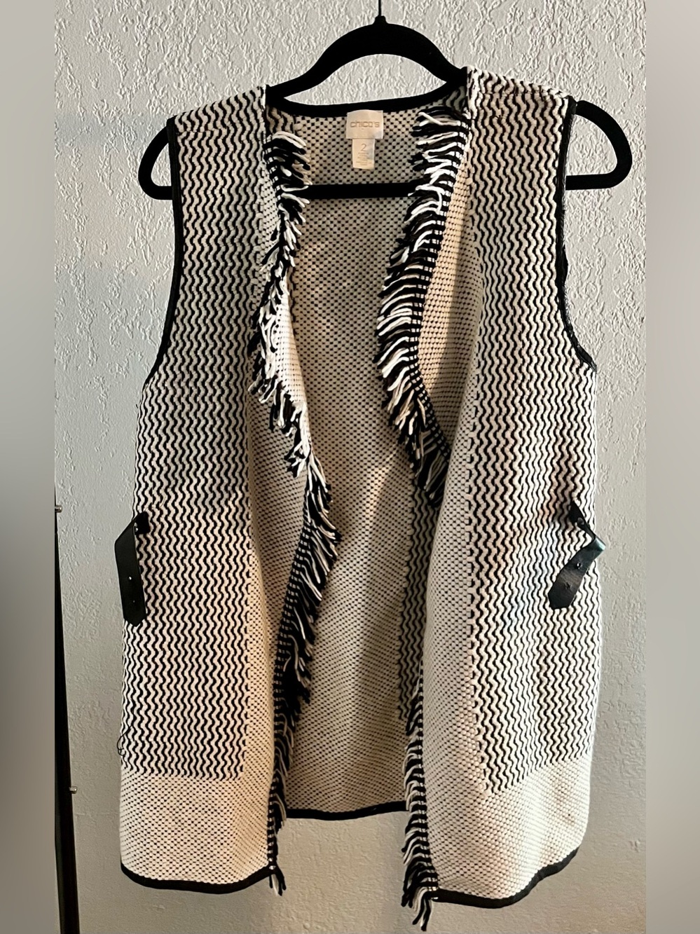 Chico's Black and Cream Textured Knit Open-Front Vest With Fringe